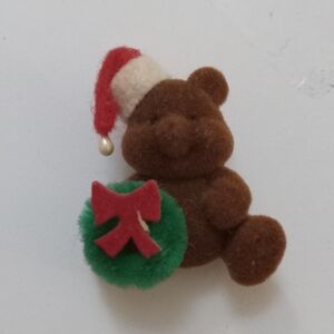 Festive Brown Teddy Bear Brooch with Red and Green Accents